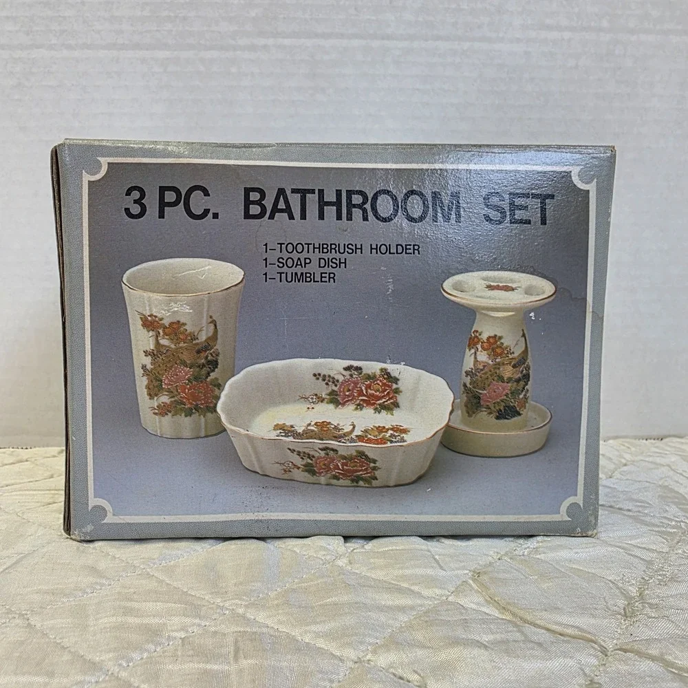Vintage Porcelain 3 Piece Bathroom Set Japan Cup Toothbrush Holder Soap Dish